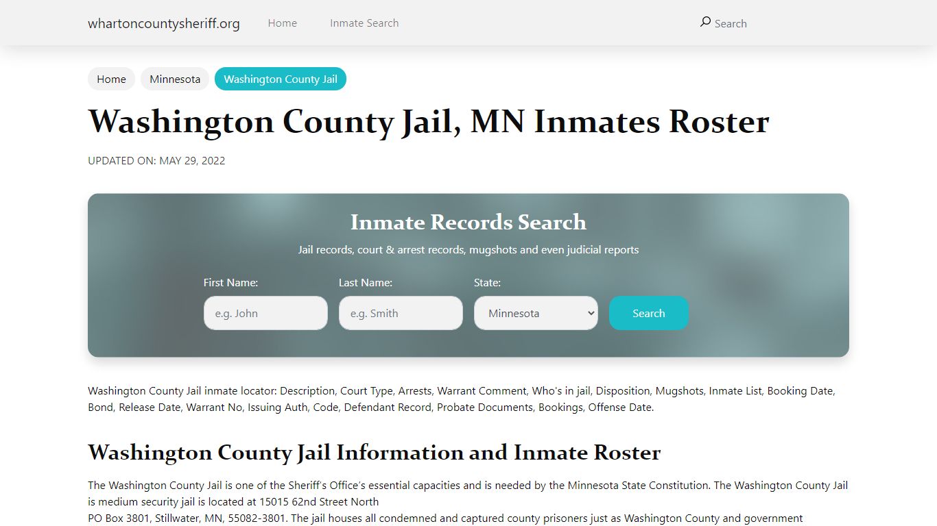 Washington County Jail, MN Jail Roster, Name Search